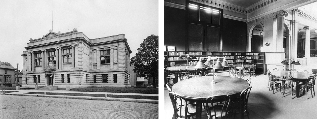 Black and white photos of the Carnegie exterior and the interior of the Carnegie Reading Room