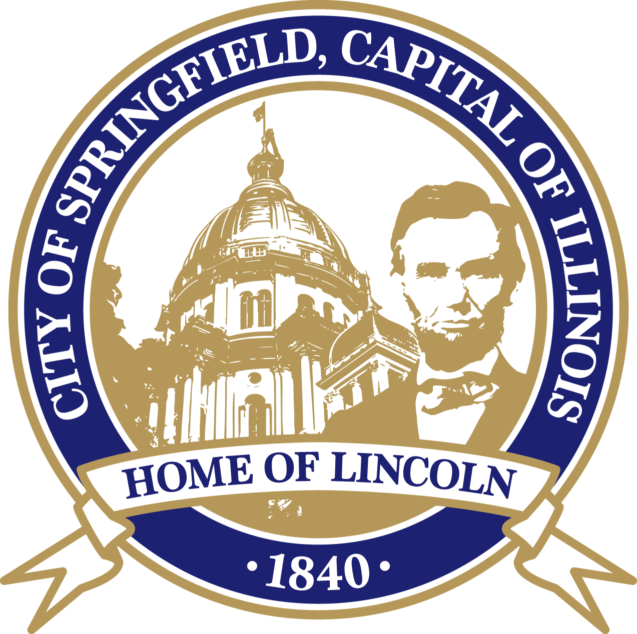 Springfield City seal: Reads, "City of Springfield, Capital of Illinois, Home of Lincoln, 1840"
