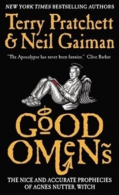 Good Omens book cover (a stone angel reclining and reading a book over a black background. The O in Good has a halo, and the M in Omens has a devil tail)