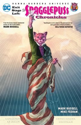Snagglepuss Chronicles book cover (in the shape of the statue of liberty, a pink humanoid cat in a suit jacket, raising a martini glass like a torch)