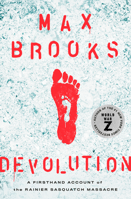 Devolution book cover (a large red footprint over a smaller white footprint, surrounded by white-blue ash)