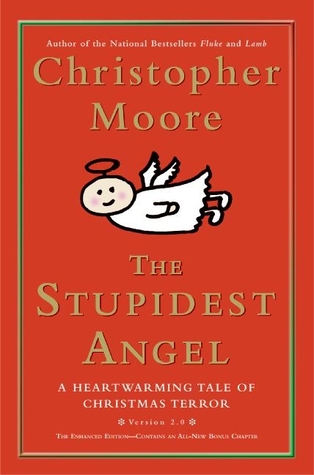 The Stupidest Angel book cover (a red cover with the title in formal gold script, with a childish cartoon drawing of an angel flying across the page)