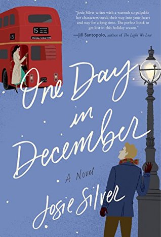 One Day in December book cover (a woman boarding a double-decker bus while a man watches from a nearby streetlight, with snow falling)