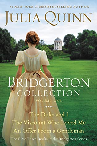 Bridgerton collection book cover (a women in a regency-era dress, staring out at a green English estate)