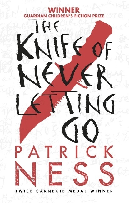 The Knife of Never Letting Go book cover (the red silhouette of a large hunting knife over a white background, surrounded by the faint, illegible impressions of other words, and the title scrawled in a rough hand over it)