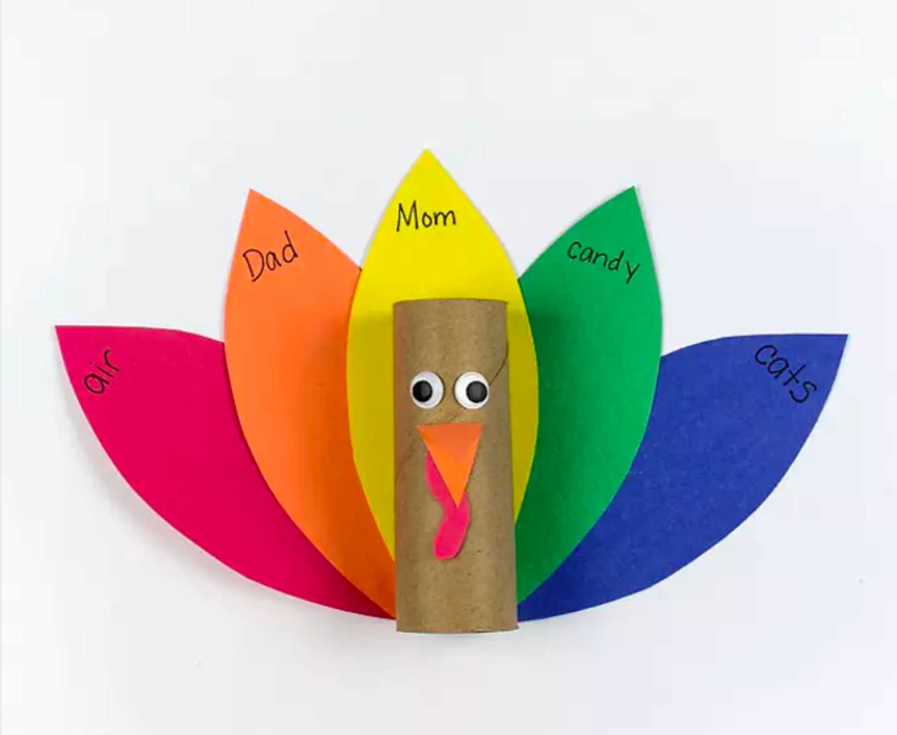 Toilet roll turkey with colorful feathers