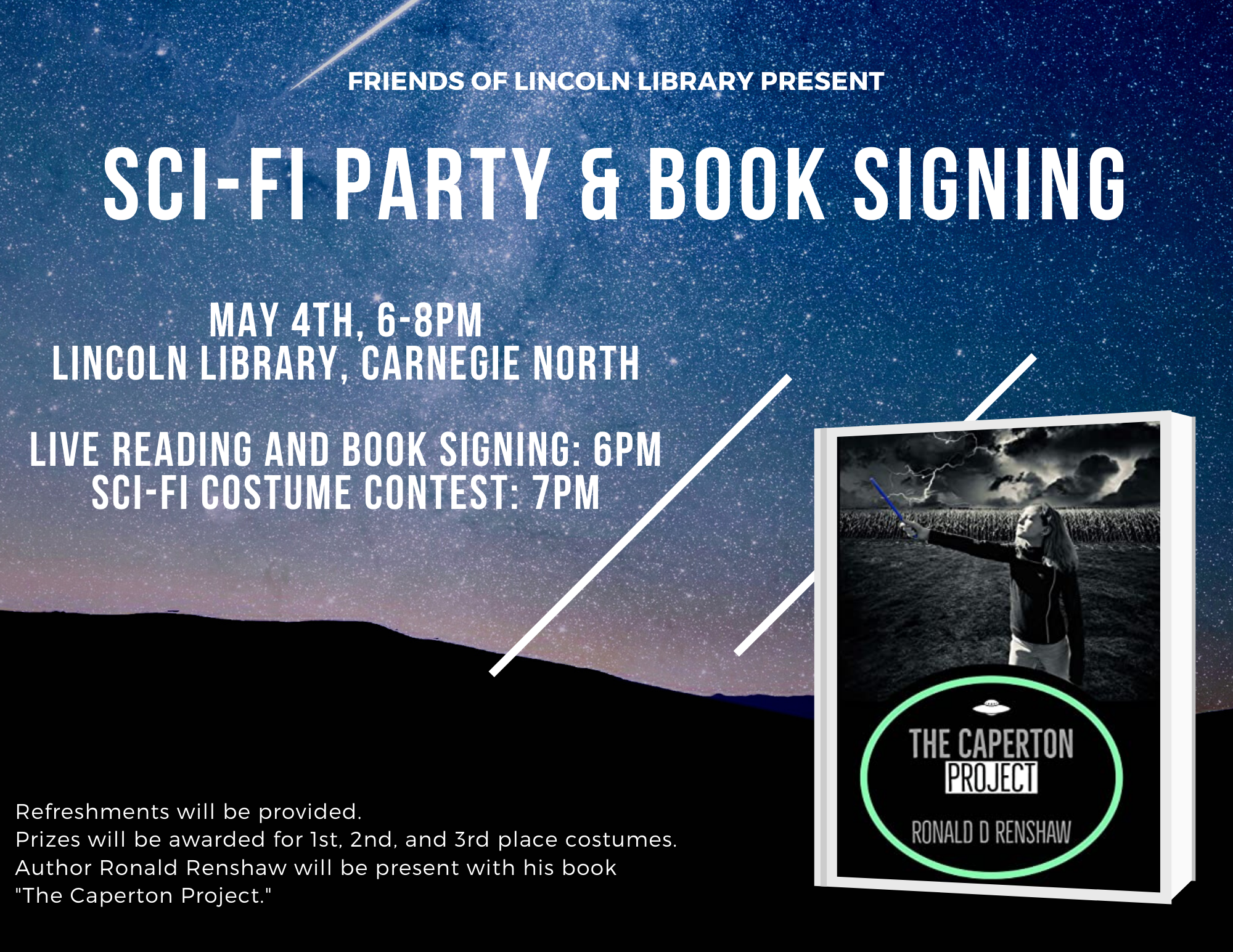 Flyer for sci-fi party and book signing, showing a meteor shower