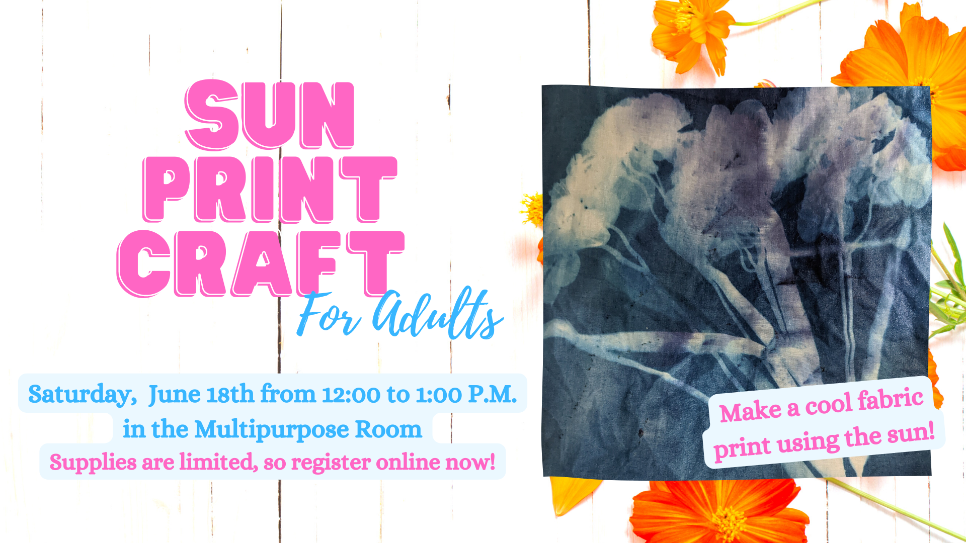 promotional flyer for Sun Print Craft program to be held on Saturday, June 18th from 12:00 to 1:00 