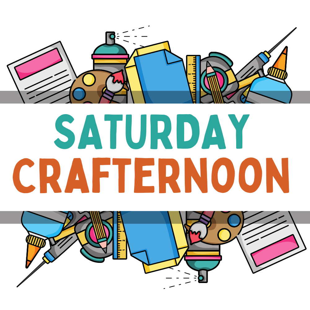 Logo for Saturday Crafternoon program, showing various craft supplies (paints, scissors, etc) on a white background