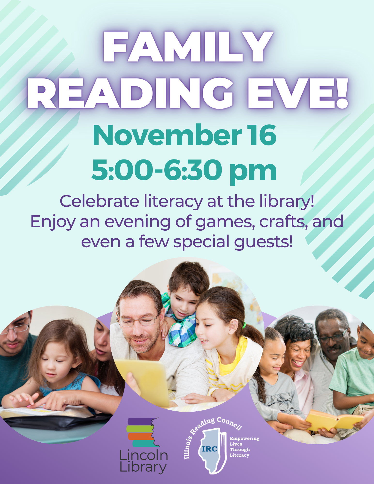 A flyer titled Family Reading Eve, on November 16 from 5 to 6:30 pm. It is light blue and purple and features three photos of families reading together.