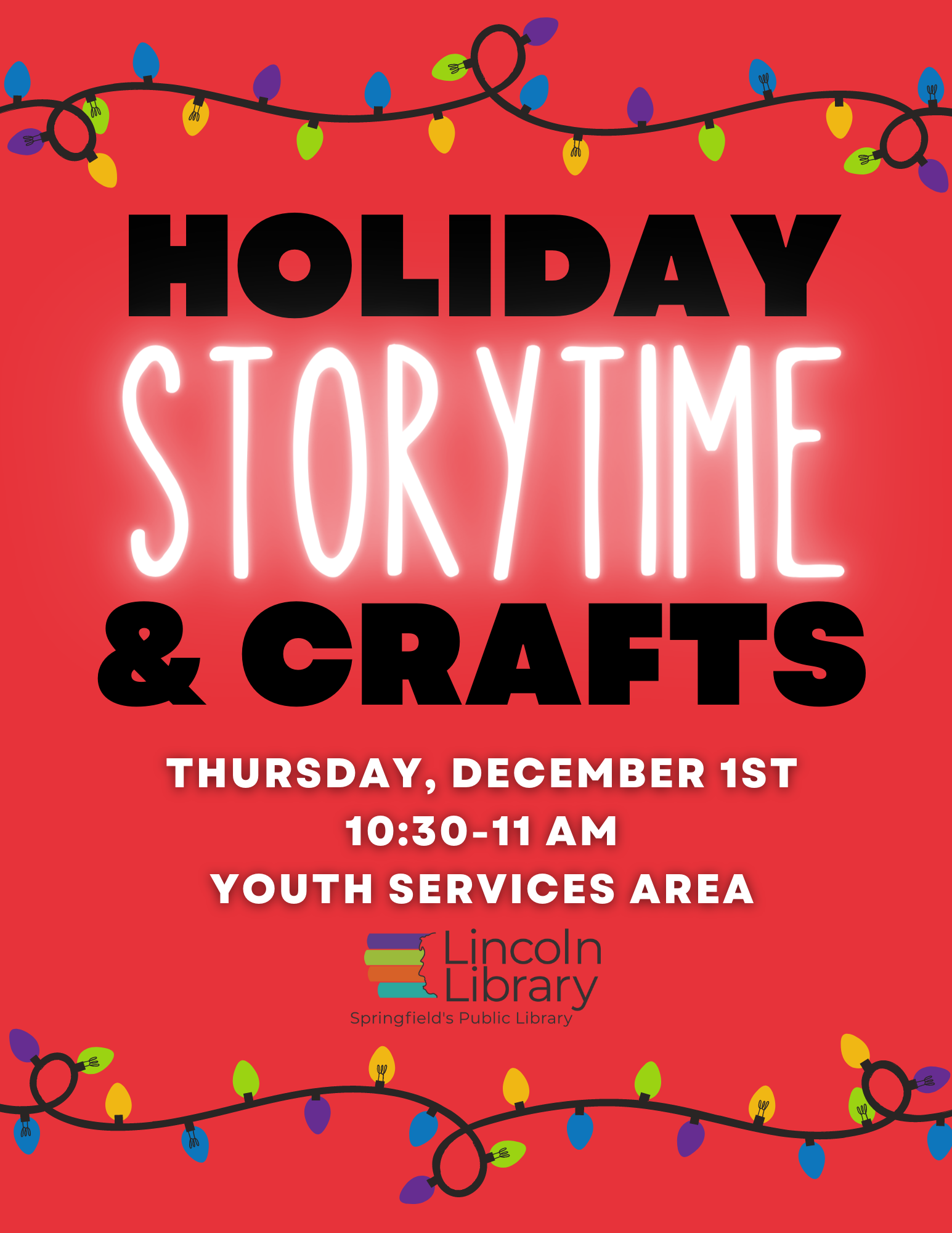 string lights on a bright red background with the text "Holiday Storytime & Crafts"