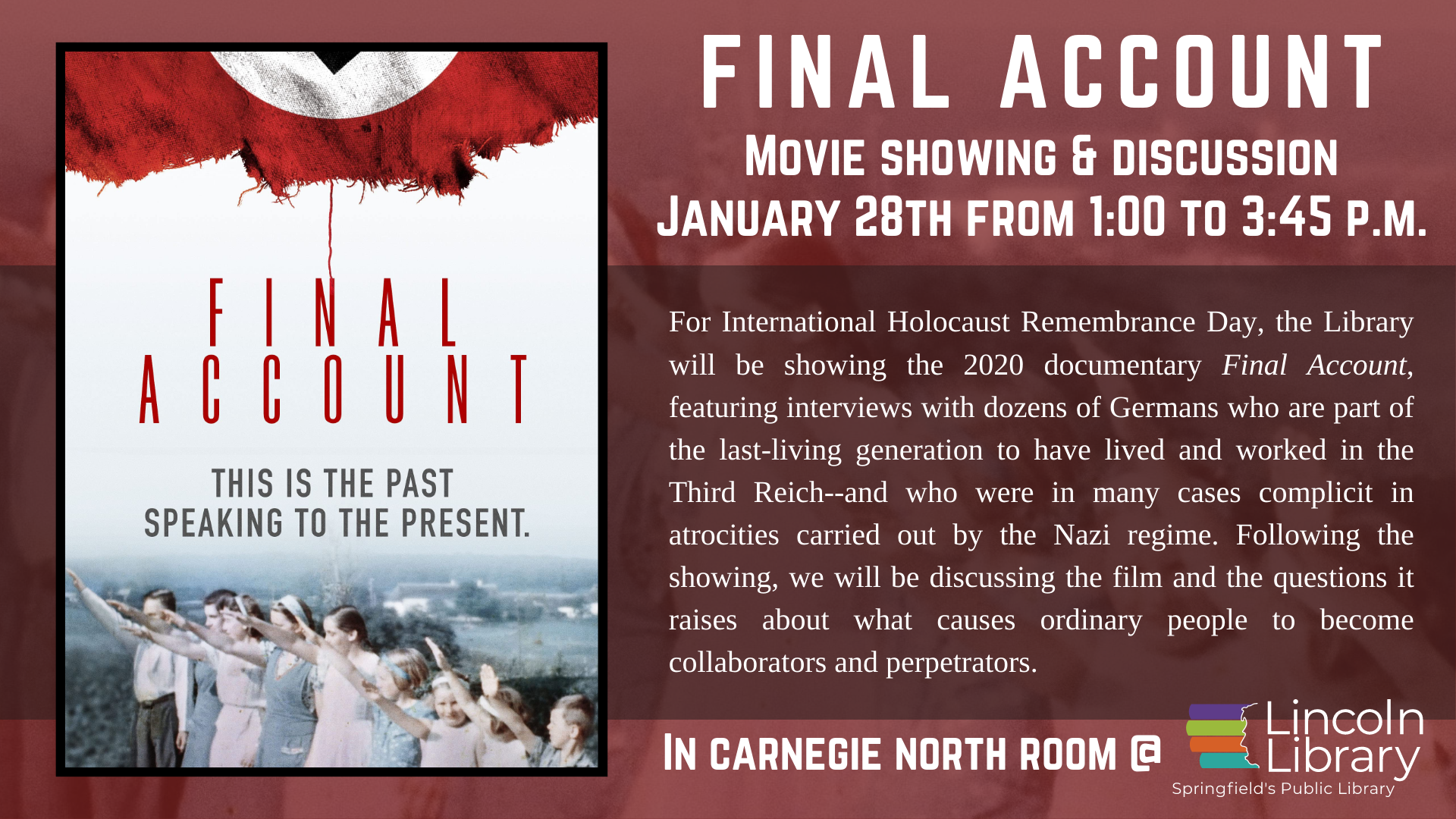 Promotional flyer for showing of the film "Final Account" for International Holocaust Rememberance Day