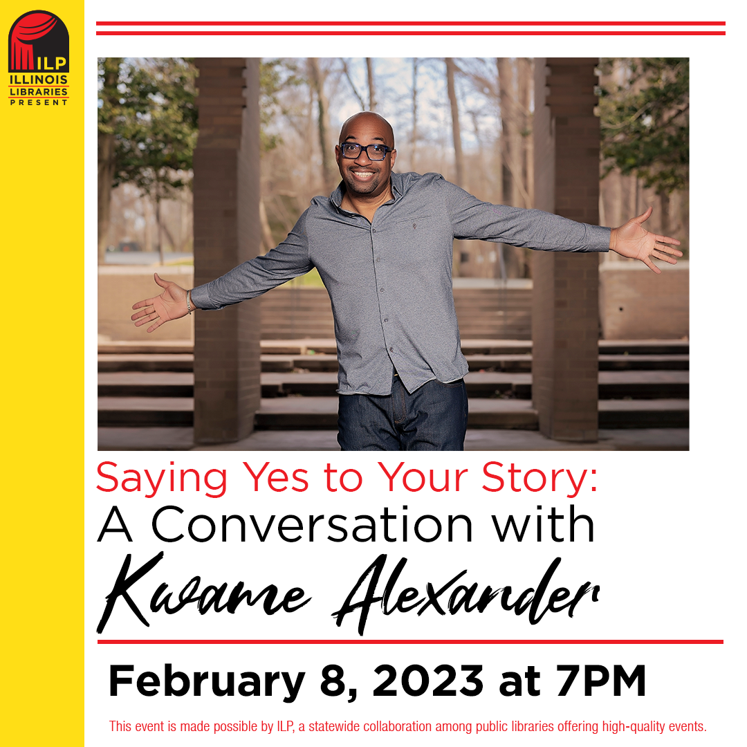 A photo of Kwame Alexander with his arms spread wide, smiling at the camera