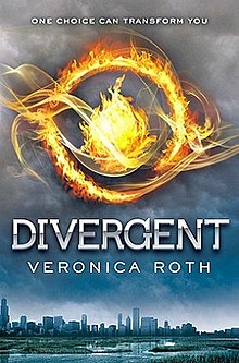 Cover of the book Divergent - a logo surrounded by flame floats over the Chicago skyline.