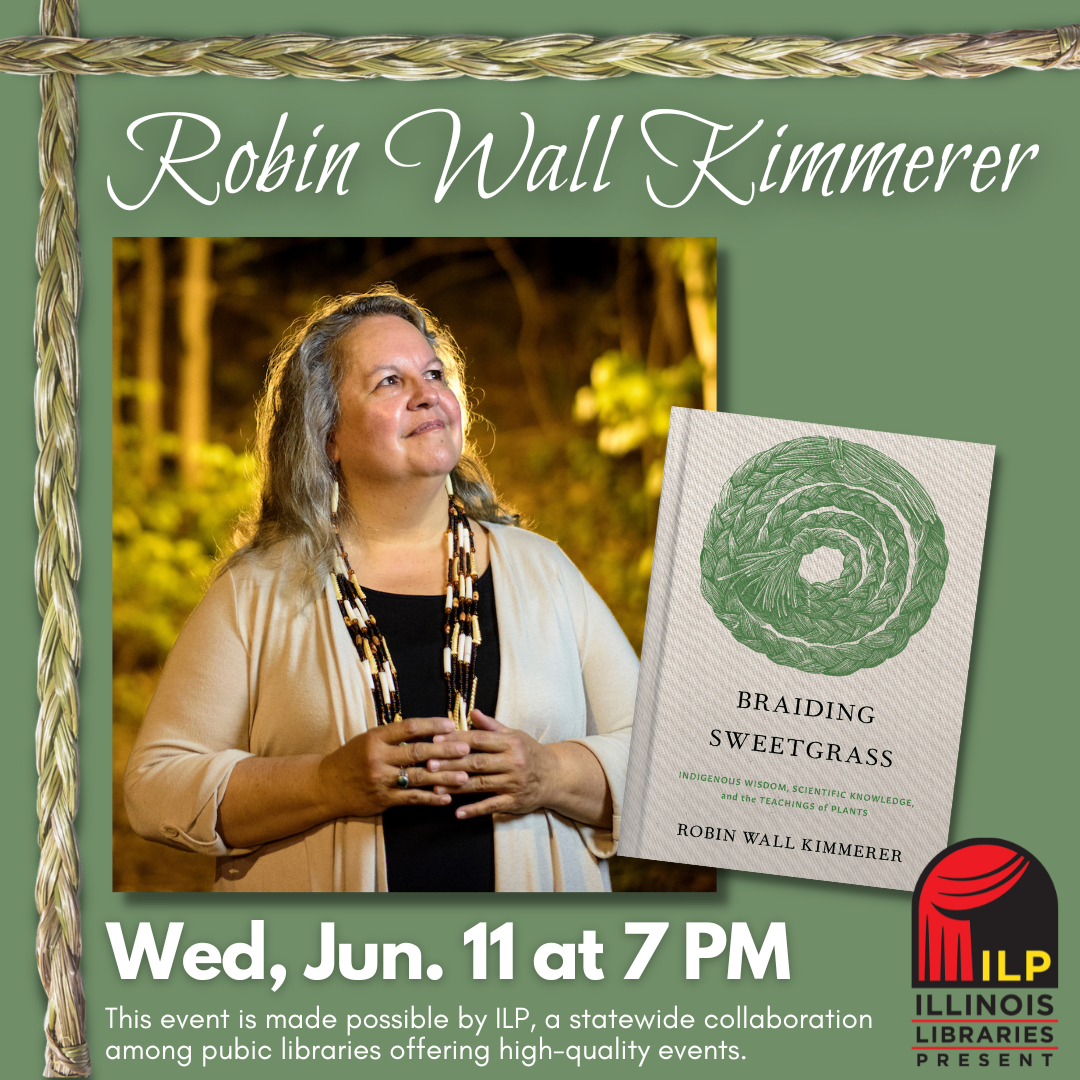 A photo of Robin Wall Kimmerer, bordered by a braid of sweetgrass
