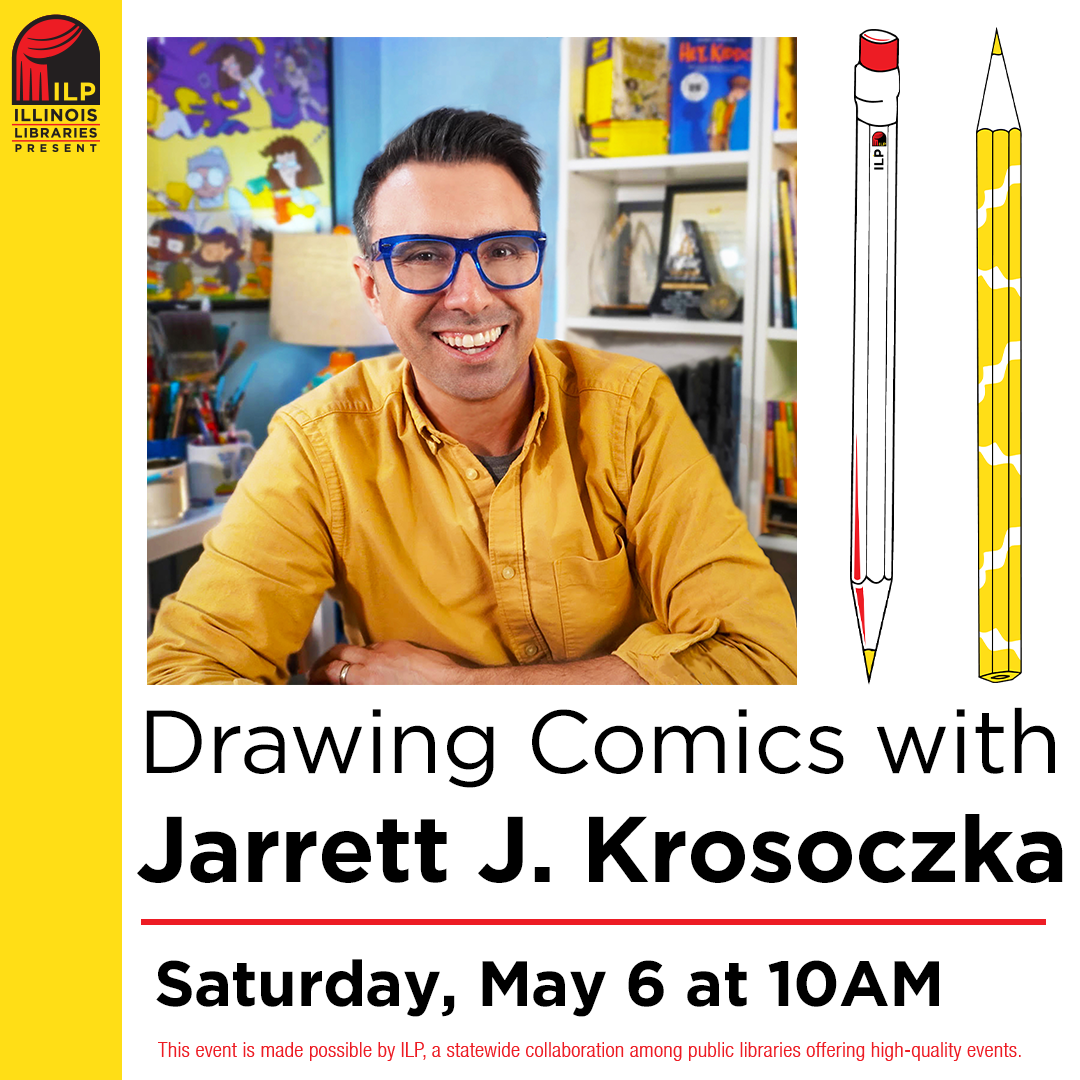 Photo of Jarrett Krosoczka with a drawing of a pencil