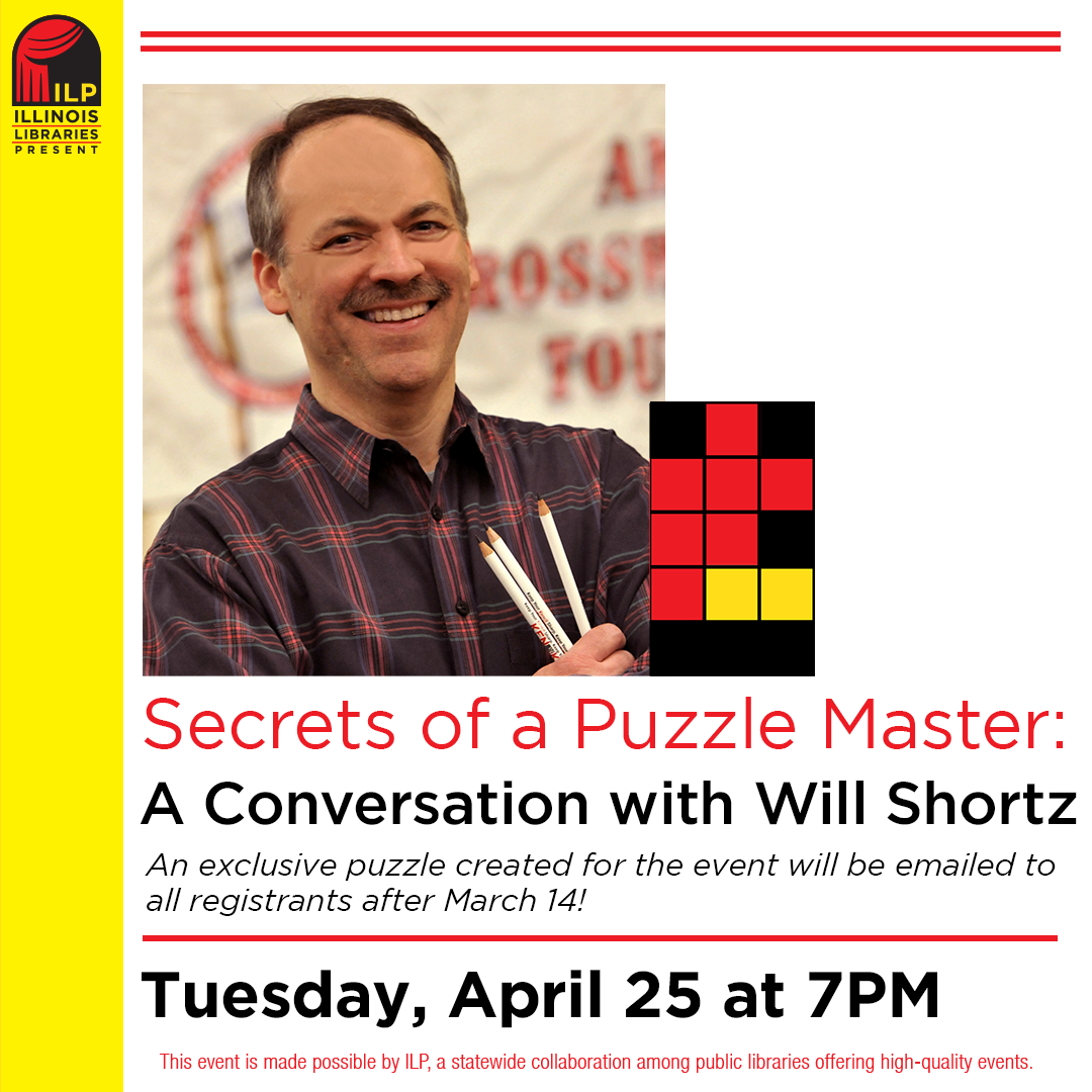Photo of Will Shortz along with a decorative crossword puzzle
