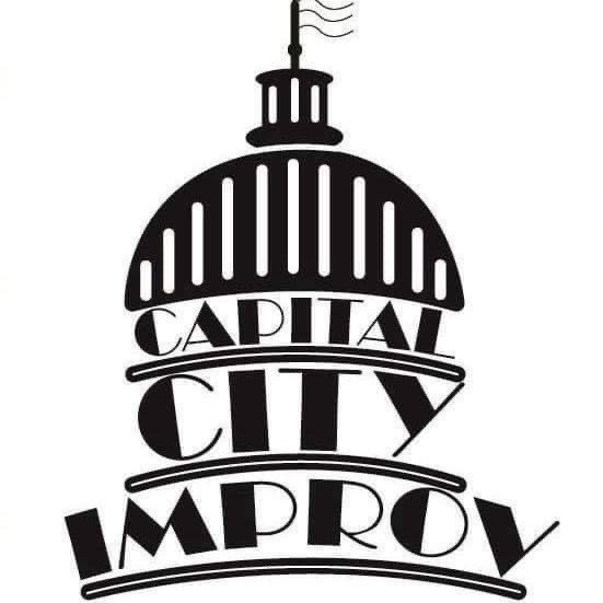 the words "Capital City Improv" in the shape of the Illinois state capitol building.