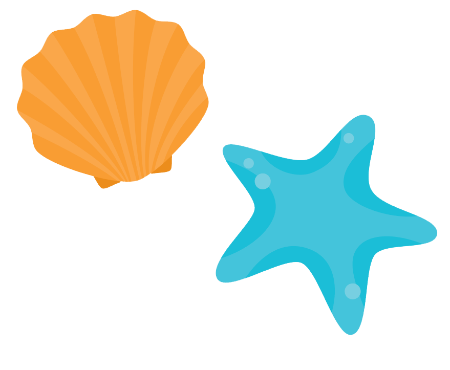 A cartoon image of an orange scallop shell and a blue starfish.