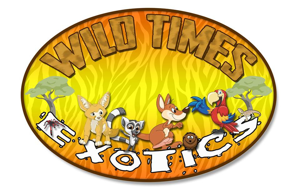 An oval with the words "Wild Times Exotics". Animals include a kangaroo, a parrot, and a tarantula
