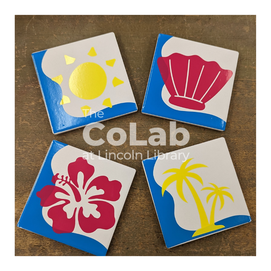 Four coasters with different summer images (a sun, a seashell, a flower, and a palm tree) that are project examples for the June 24th Saturday Crafternoon program 