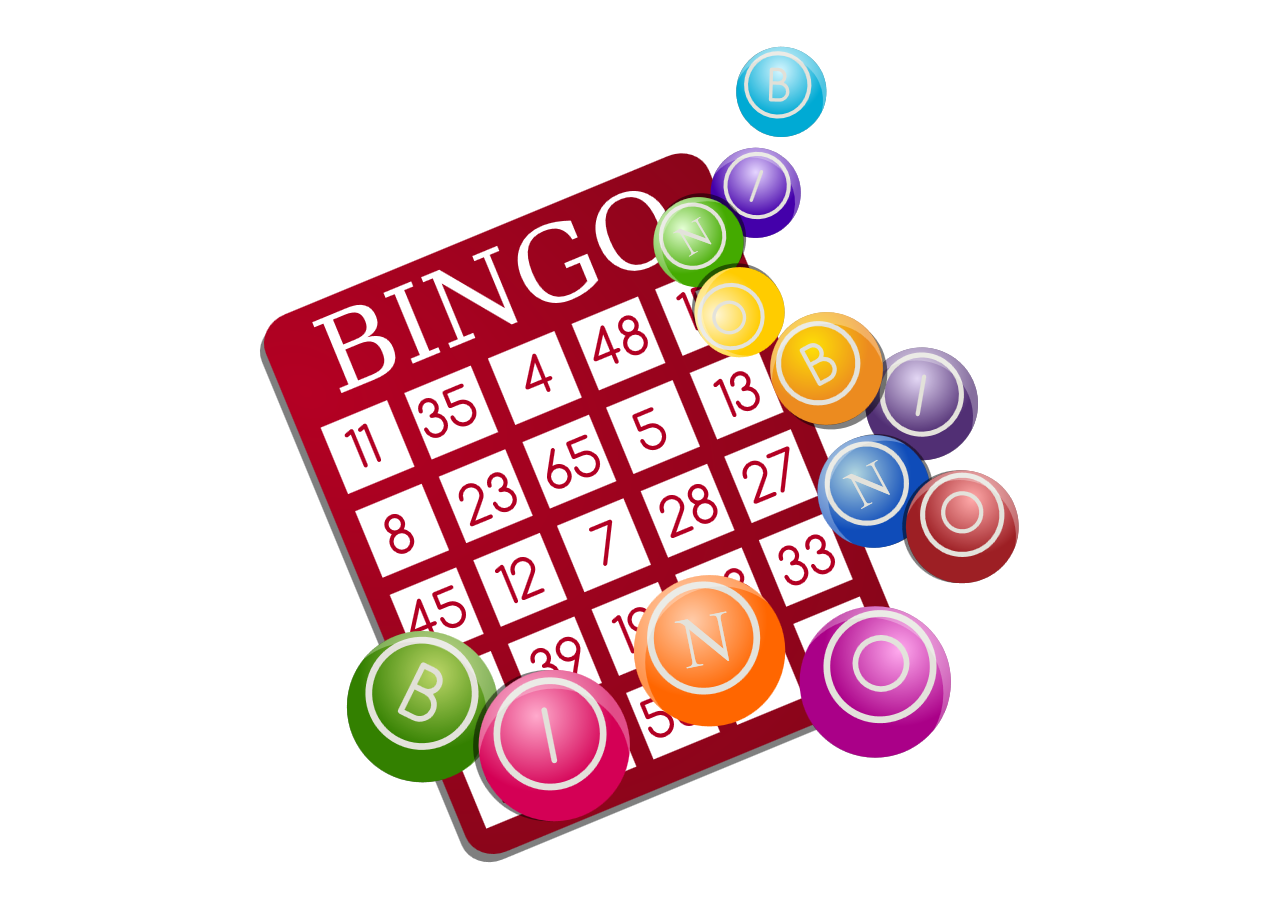 A red BINGO card with multicolored markers scattered around the edges