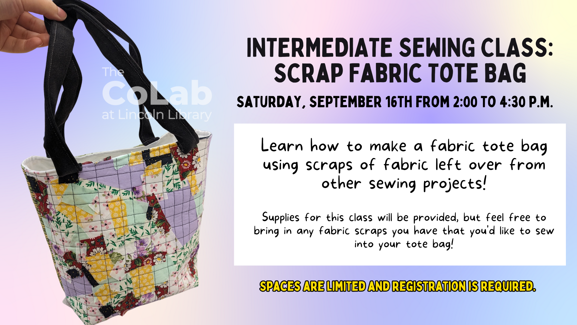 Promotional image for fabric scrap tote bag class, showing a quilted fabric tote bag