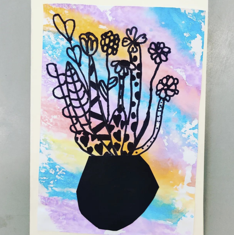 A black, hand draw vase of flowers printed over a colorful pastel background