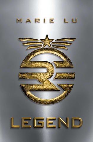 A silver cover with a gold design: a stylized "R" in a circle. The text reads: "Marie Lu / Legend"