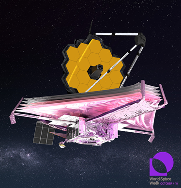 The James Webb Telescope as seen from below, with open space behind it and the logo for World Space Week in the bottom right corner, along with the dates of October 4th to 10th