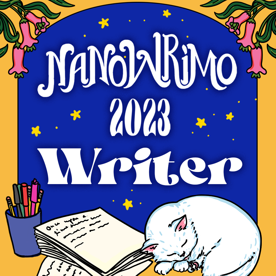 A square logo saying "NaNoWriMo 2023 Writer" with a sleeping cat and loose handwritten pages underneath