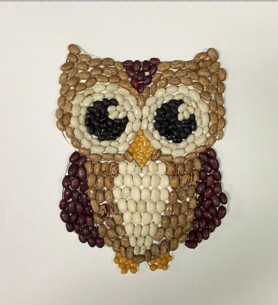 A small owl made of different colors of seeds and dry beans. 