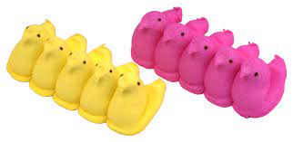 Two rows of yellow and pink peeps candy