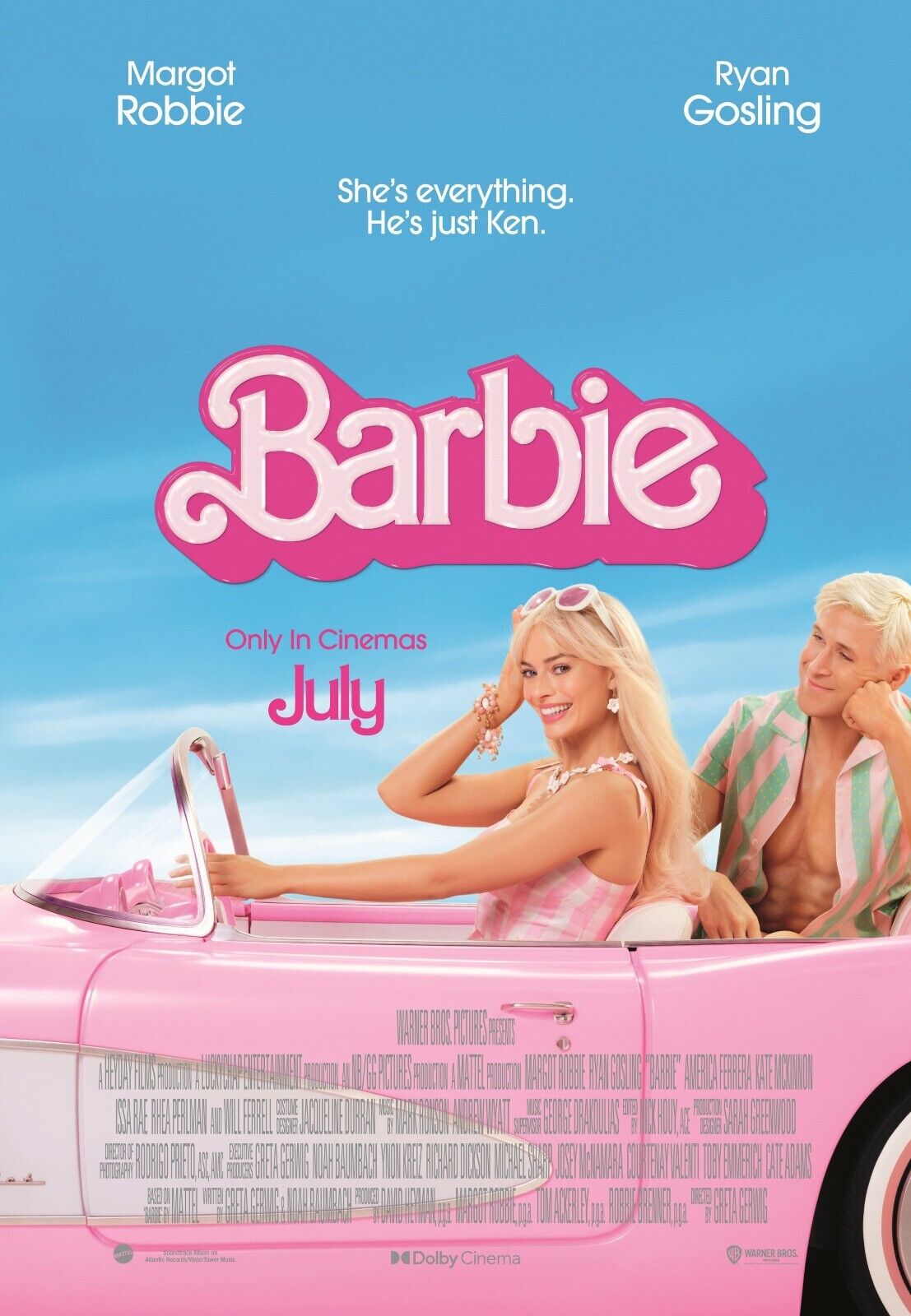 A woman sits in the front seat of a pink car while a man gazes lovingly at her. The text reads "She's everything. He's just Ken. Barbie"
