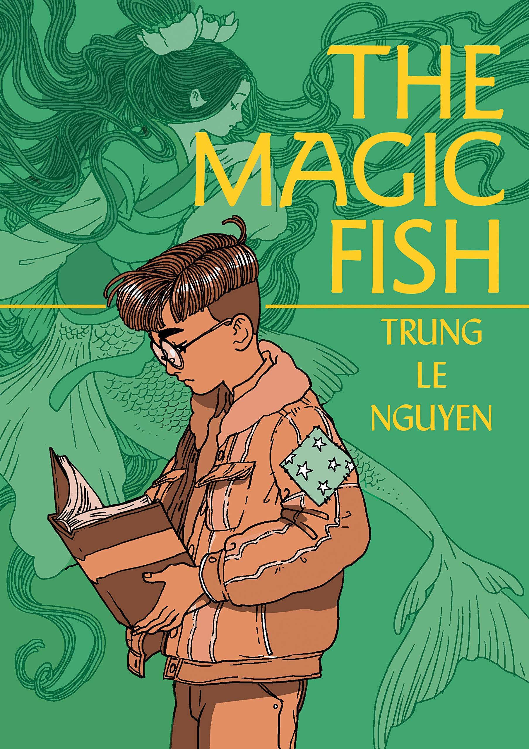An illustration of a young boy reading a book. In the background is an illustration of a mermaid. The text reads "The Magic Fish"