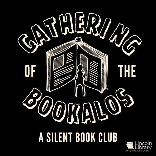 A logo for the Silent Book Club. It has a black background and cream colored text stating the name of the club. There is an illustration of a small person reading a very large book in the center of the logo.