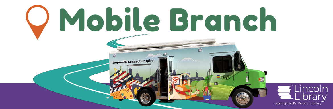 Bookmobile driving down a stylized road