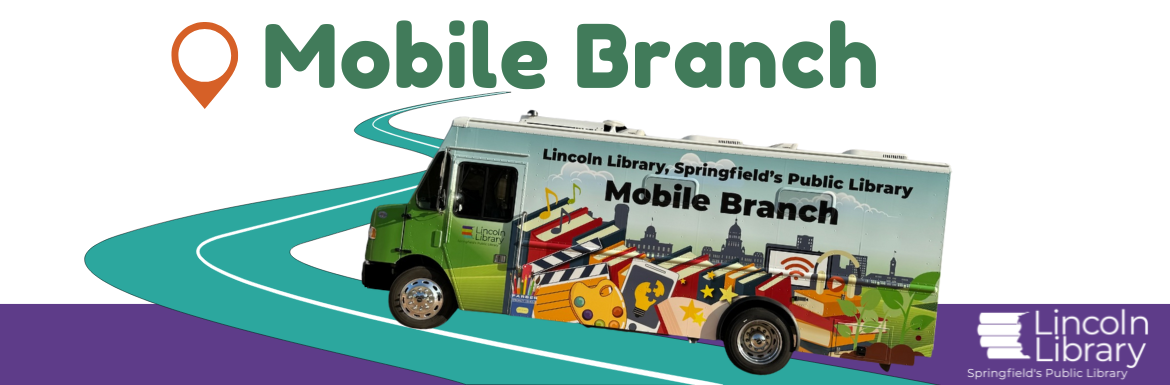 Bookmobile driving on a stylized road near the Lincoln Library logo