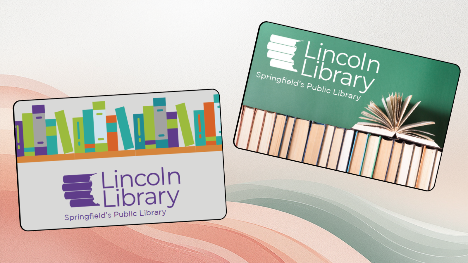 Two library card designs on a muted rainbow background