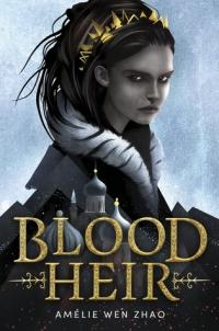 Blood Heir book cover (a young woman with wild, dark hair and an intense expression, wearing a spiky gold crown, with the silhouette of a palace beneath her)