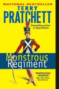 Monstrous Regiment book cover (a young woman in a military uniform with a shako and saber, but barefoot)