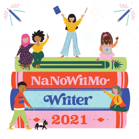 cartoon images of people sitting and standing around a stack of oversized books, and the words "NaNoWriMo Writer 2021"