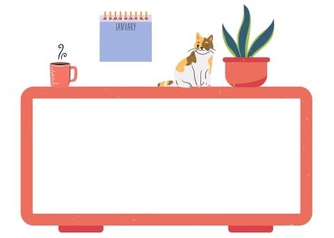 An empty bookshelf with a coffee mug, a cat, and a plant decorating the top of it