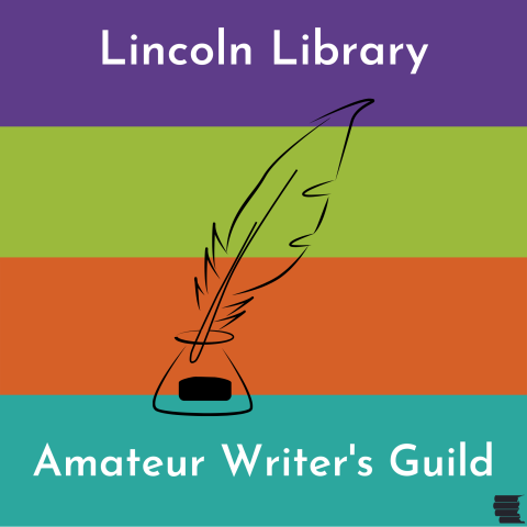 A banner with four colors, purple, green, orange, and cyan, with a blank quill and ink over top the banner, and white text reading "Lincoln Library" at the top and "Amateur Writer's Guild" at the bottom.