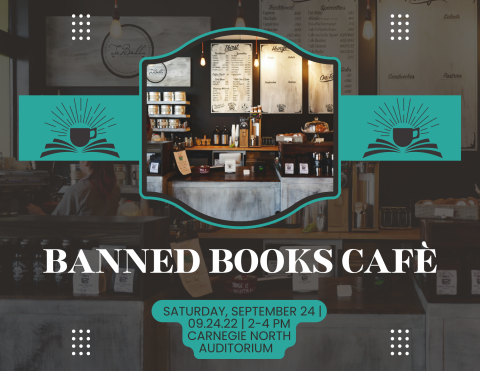 A coffee shop, plus the silhouettes of an open book with a coffee cup sitting atop it.