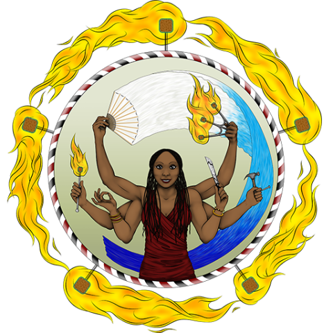 A smiling woman with multiple arms holding tools and flames. The image is surrounded by torches. 