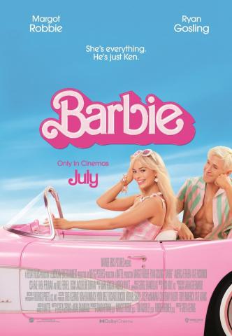 A woman sits in the front seat of a pink car while a man gazes lovingly at her. The text reads "She's everything. He's just Ken. Barbie"
