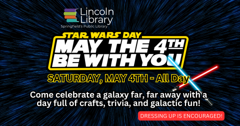 Promotional image for Star Wars Day showing the Star Wars logo against a background of blue lines, with red and blue lightsabers 