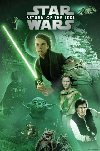 Movie poster for Star Wars: Return of the Jedi showing Mark Hammill as Luke Skywalker and holding a green lightsaber