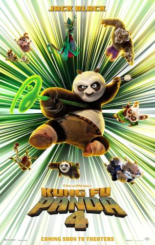 Po the panda kicks towards the viewer against a green background, surrounded by other characters from the series.